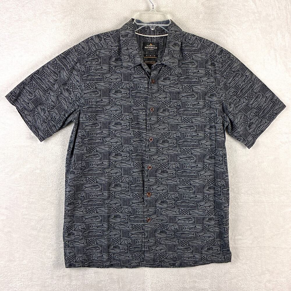 Quiksilver Waterman Hawaiian Shirt Mens M Gray Black Aloha Tribal Masi Fish Luau